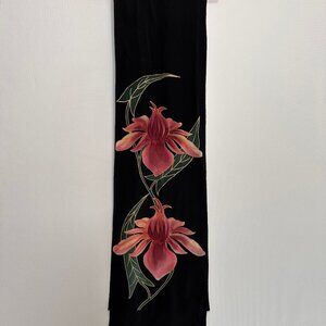 SILK SCARF Stunning Black with Floral Painting by Artist Jane Hall